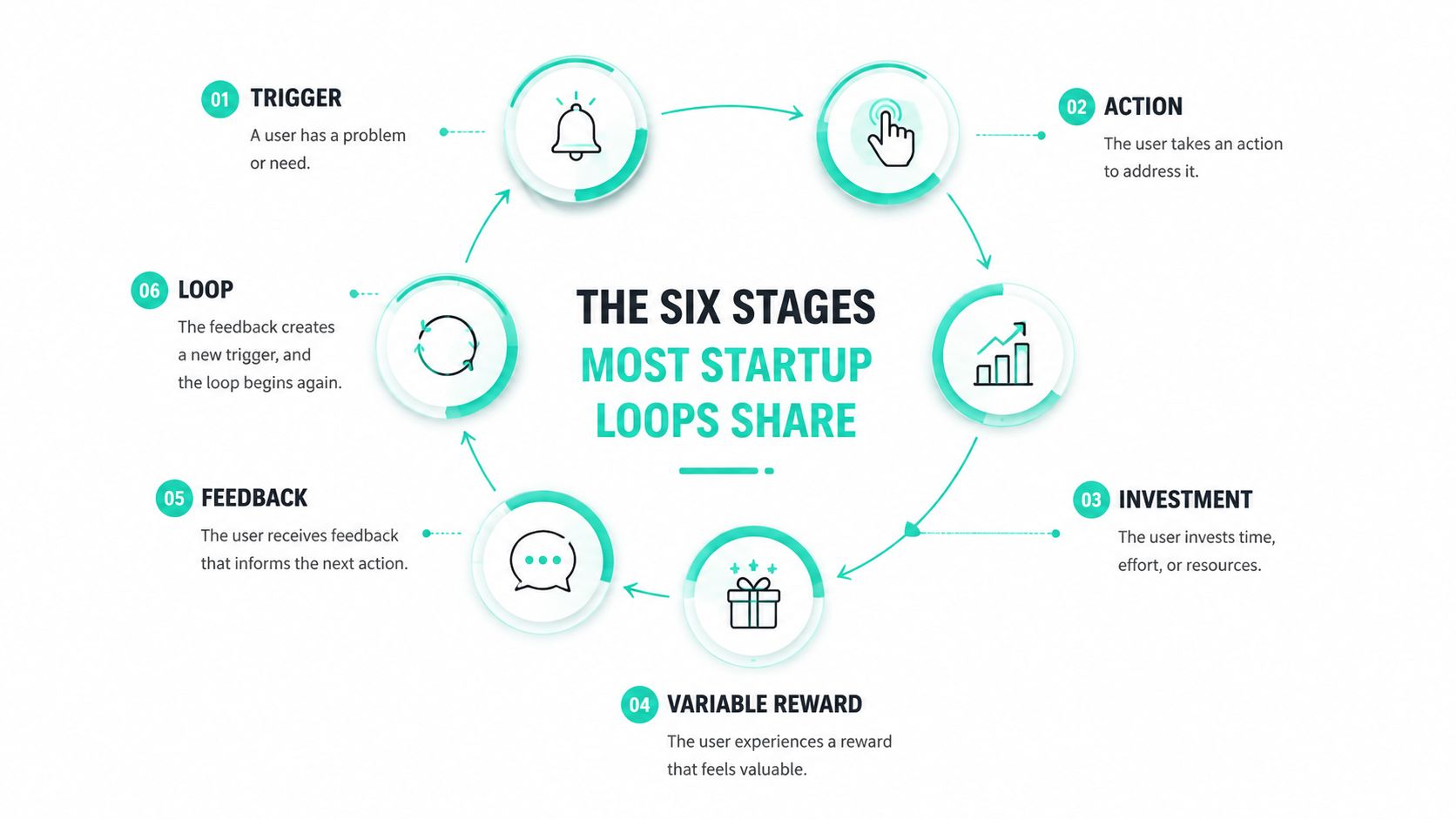 A diagram illustrating the six stages of a startup loop, starting from trigger and ending in a loop.