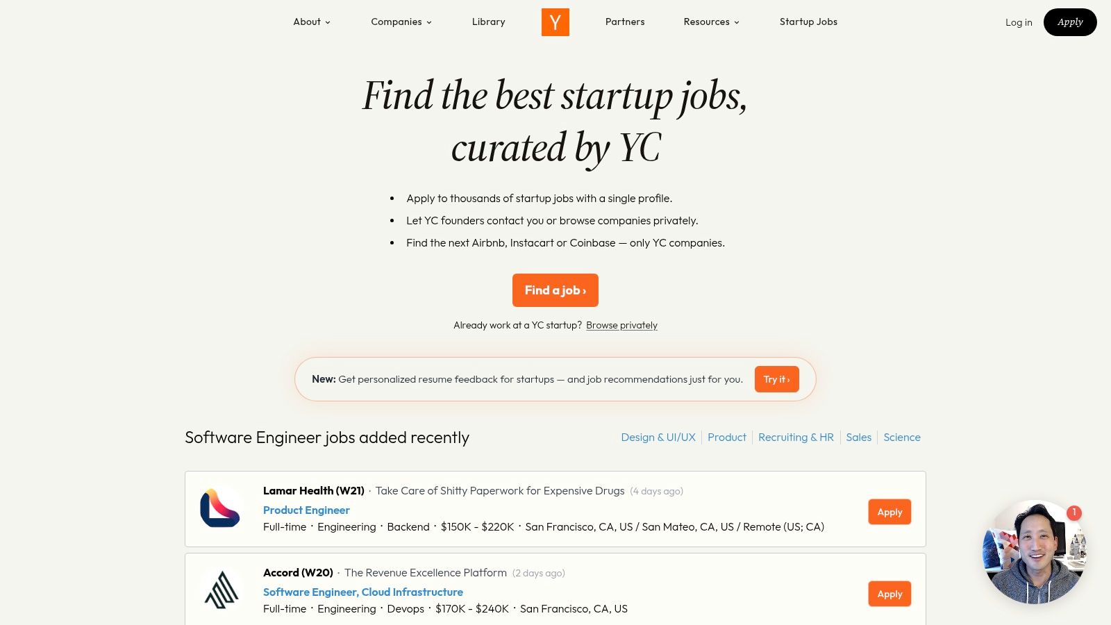 Y Combinator, Work at a Startup
