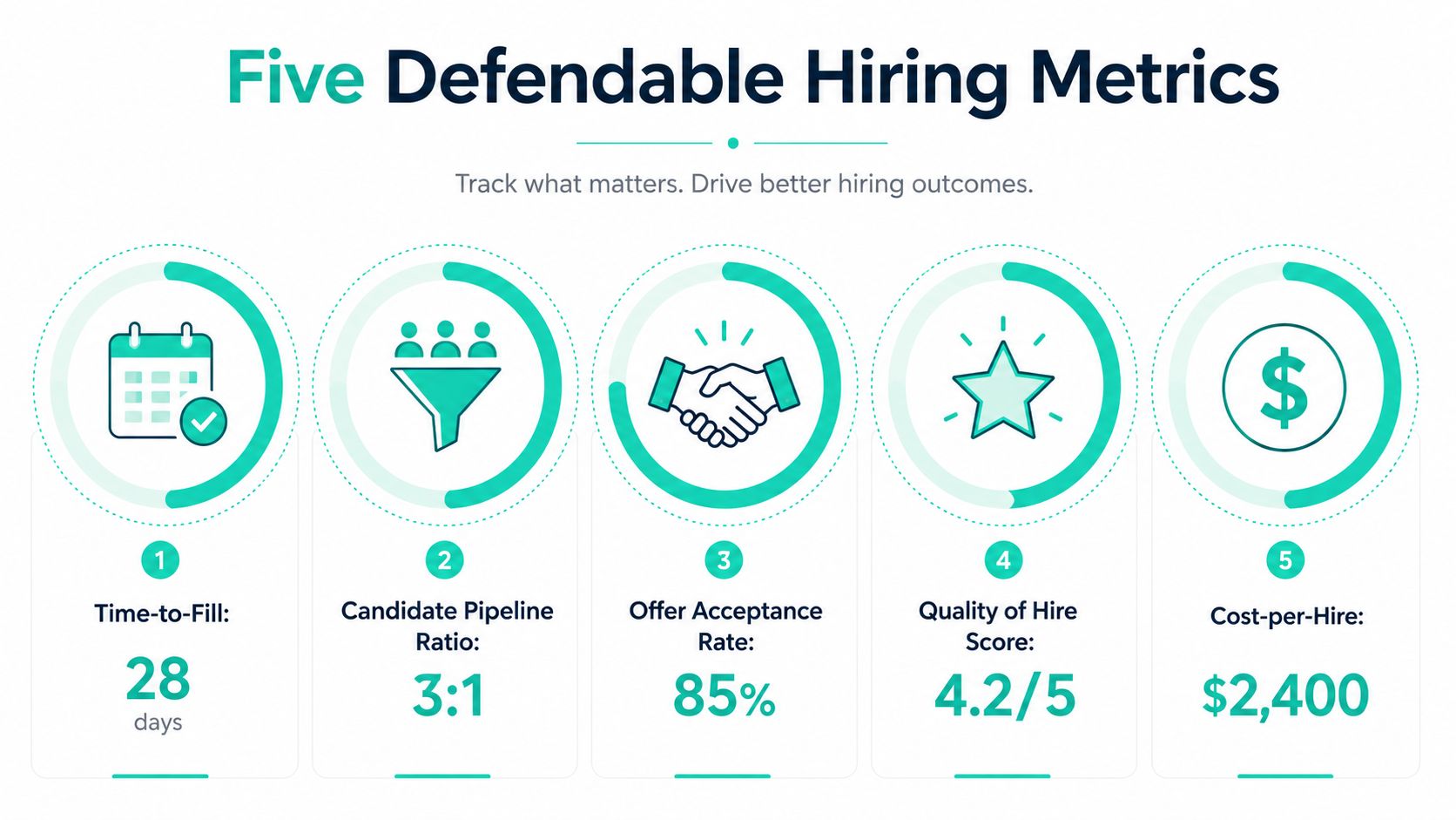 An infographic showing five key hiring metrics for effective talent acquisition strategies with numerical data points.