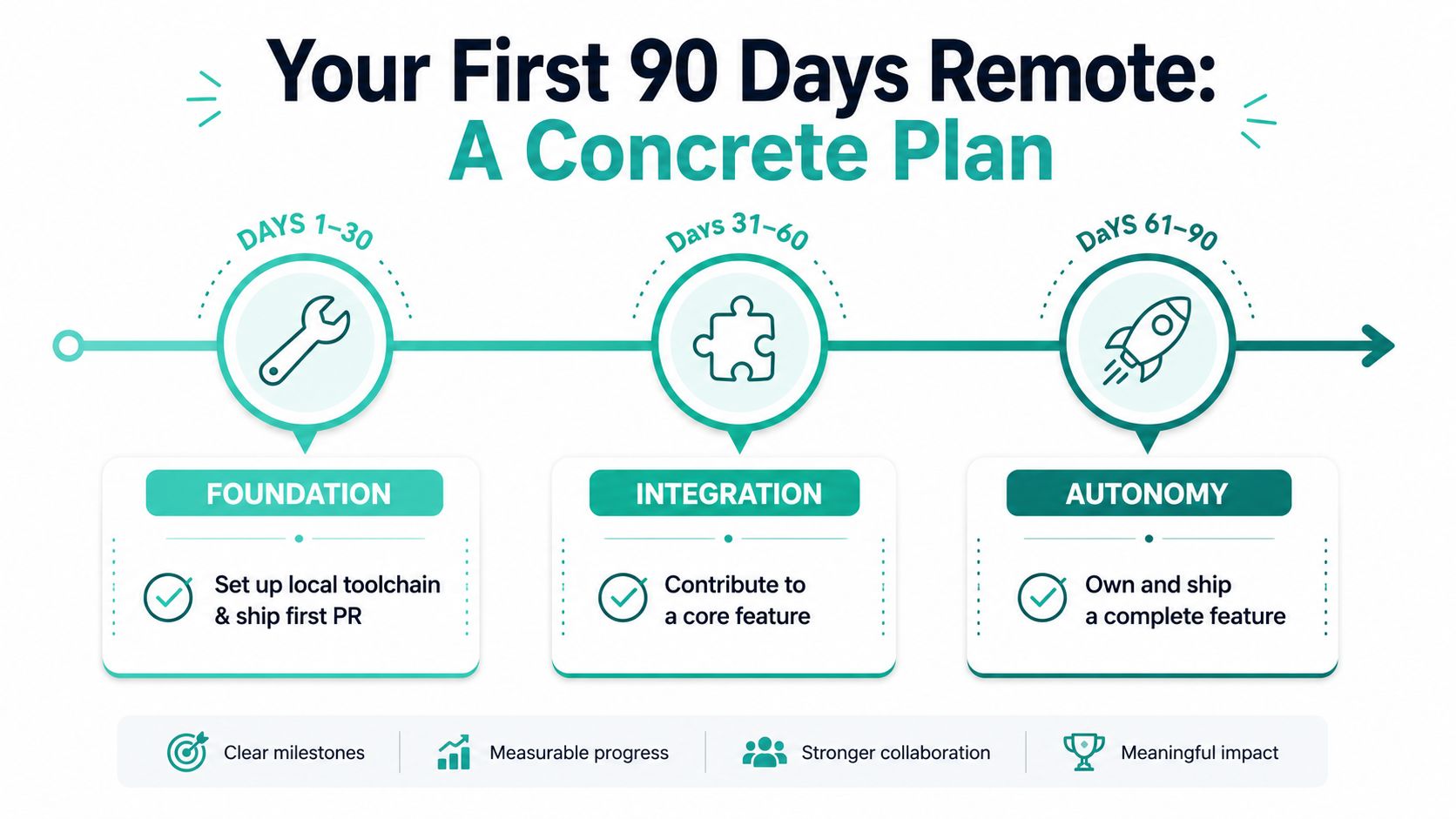 A graphic showing a 90-day onboarding plan for remote employees divided into foundation, integration, and autonomy phases.