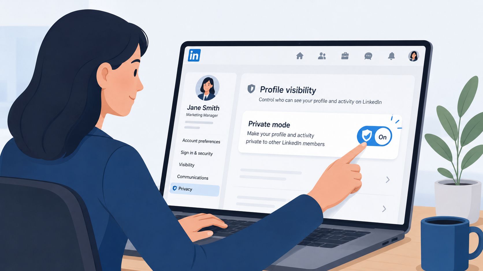 A woman using a laptop to turn on private mode settings on her LinkedIn profile for privacy.