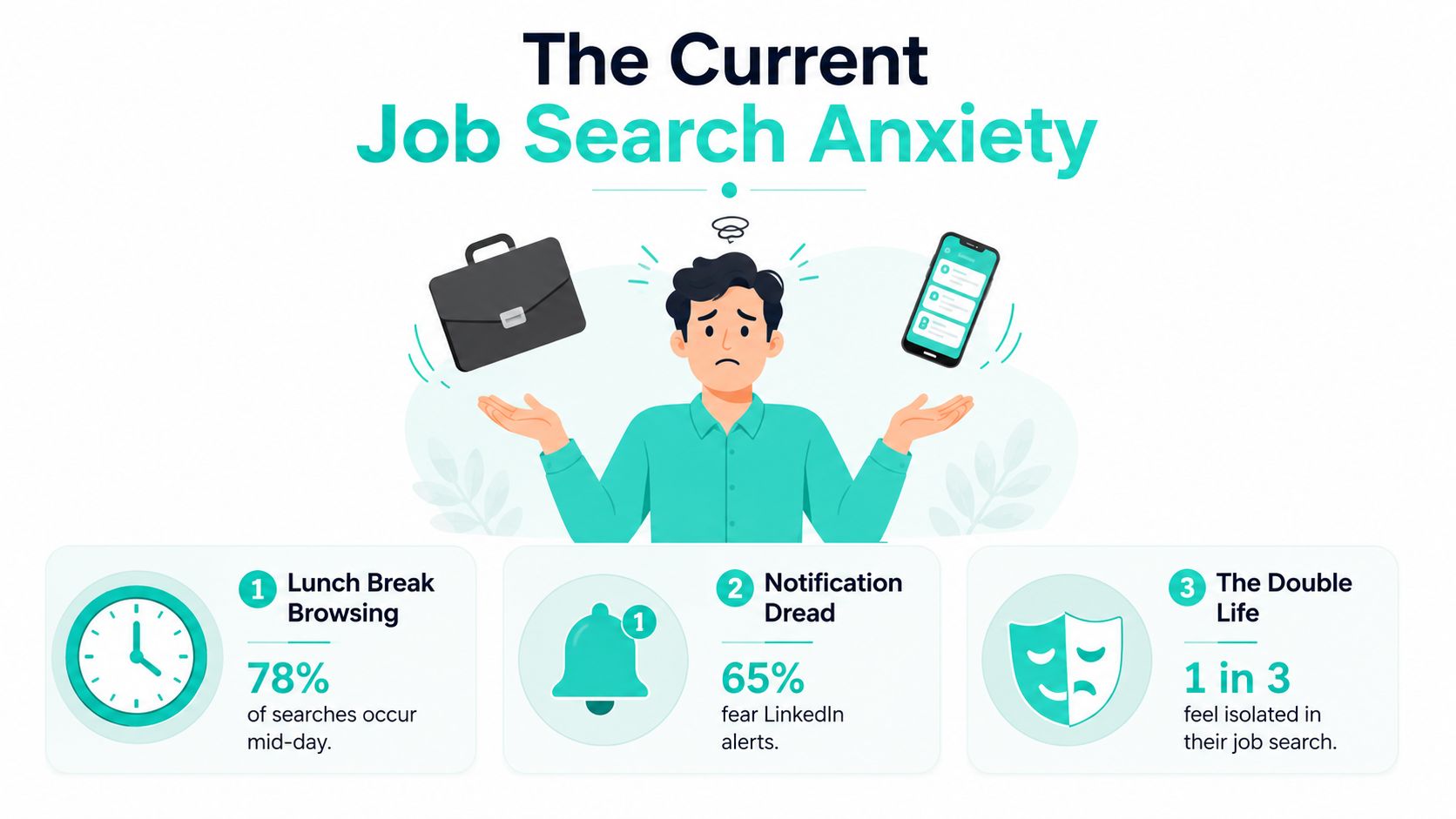 An infographic titled The Current Job Search Anxiety illustrating statistics about job seekers feeling stress and isolation.
