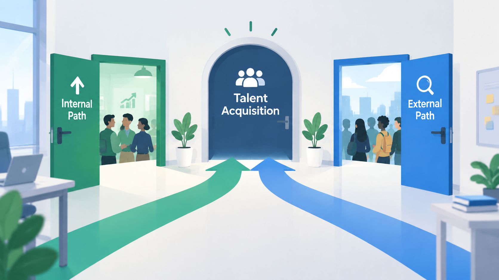 A conceptual graphic illustrating talent acquisition with internal and external paths leading to a centralized portal.