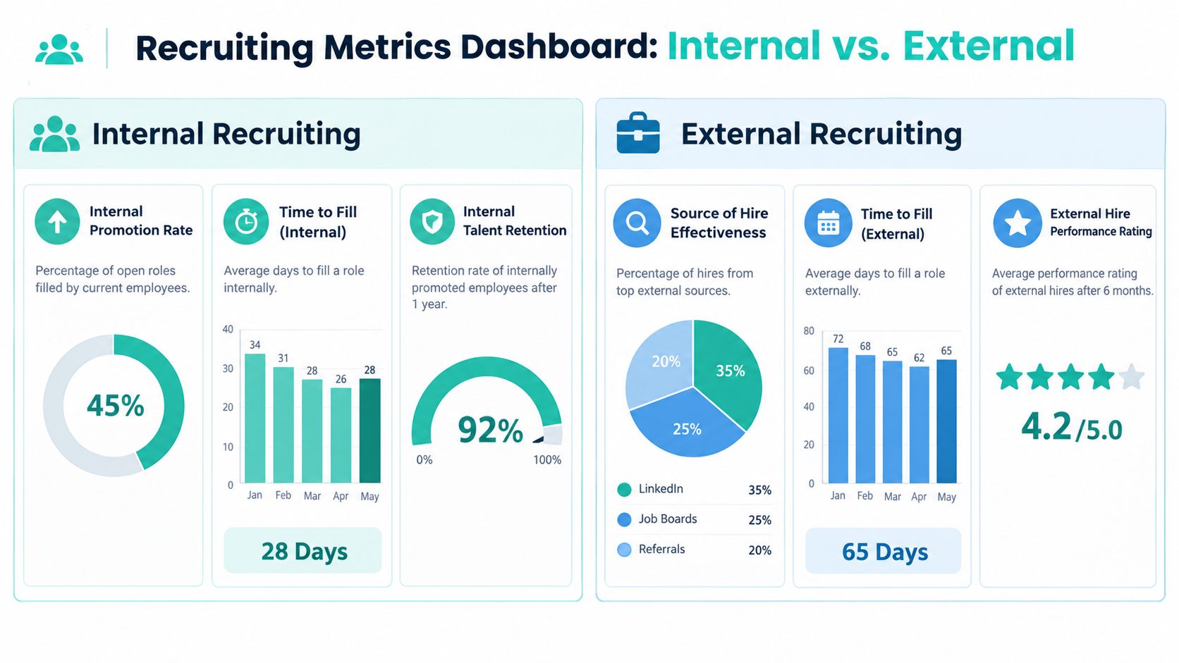 A comprehensive dashboard comparing key performance metrics between internal and external recruiting strategies for HR professionals.