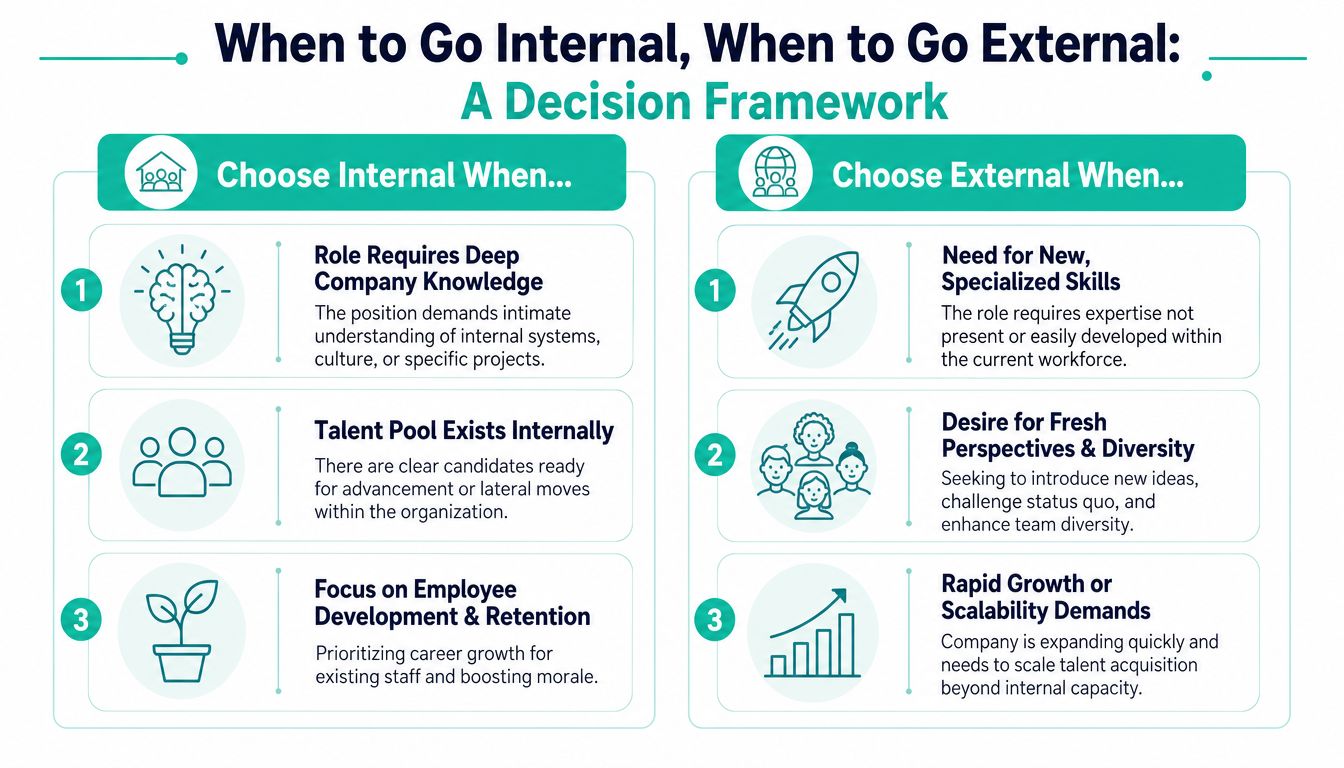 A decision framework infographic showing three key reasons to choose internal or external hiring for organizations.