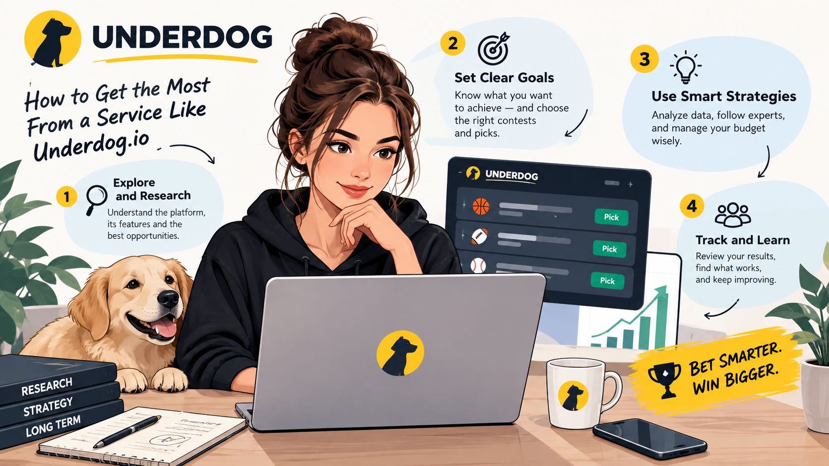 A woman using a laptop with a dog, illustrating tips for using the Underdog fantasy sports platform.