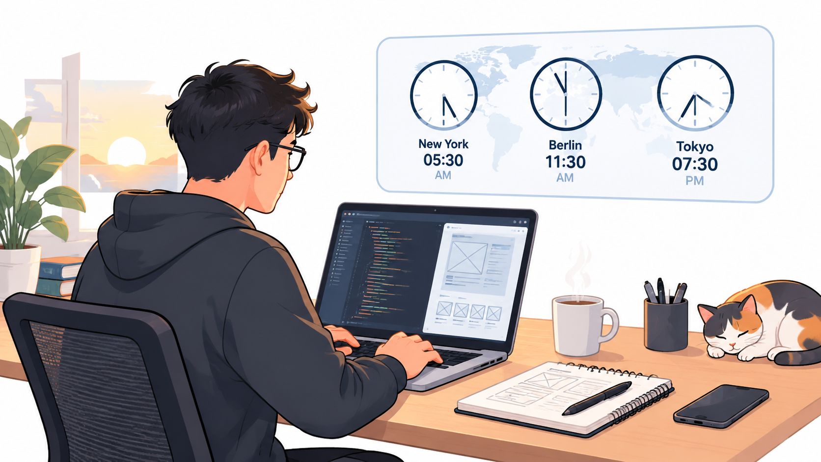 A young software developer wearing a hoodie working on a laptop at a desk with a sleeping cat.