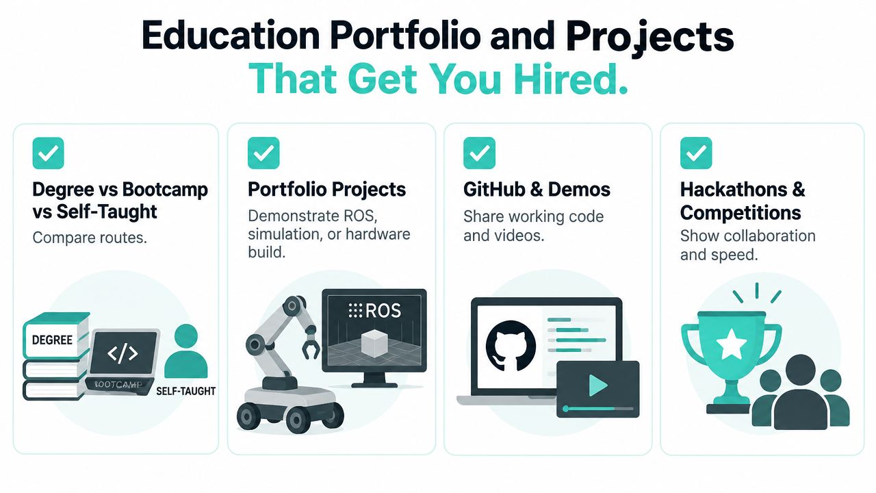 An infographic showing four key components of a robotics engineering portfolio: education paths, projects, GitHub demos, and competitions.