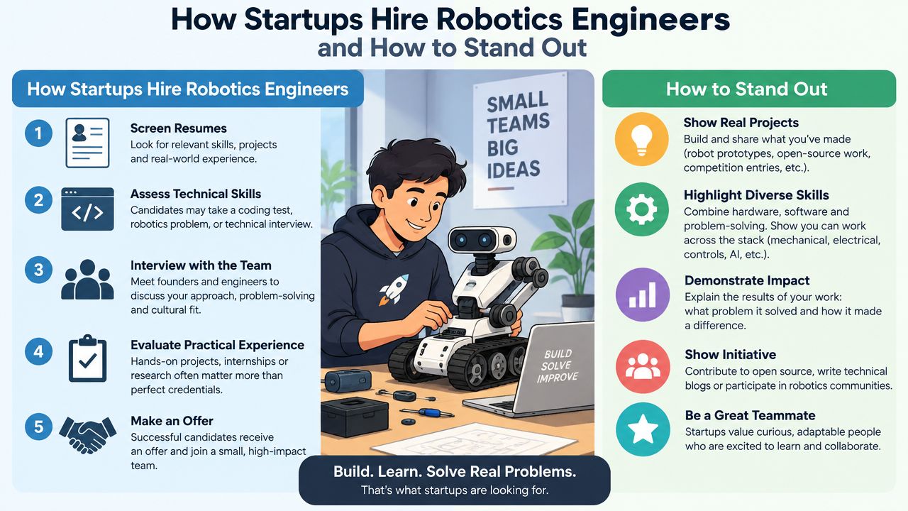 An infographic detailing the five-step hiring process for robotics engineers and tips on how to stand out.