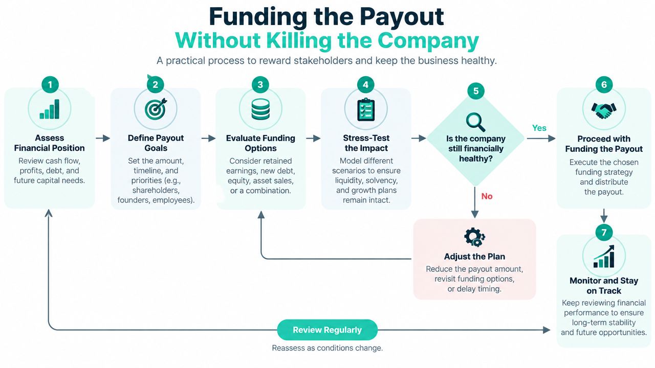 A seven-step flowchart infographic illustrating a practical business process for safely funding stakeholder payouts.