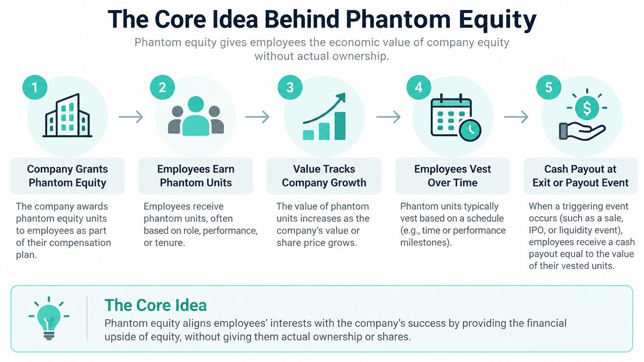 A five-step infographic explaining how phantom equity provides employees with financial upside without granting actual company ownership.