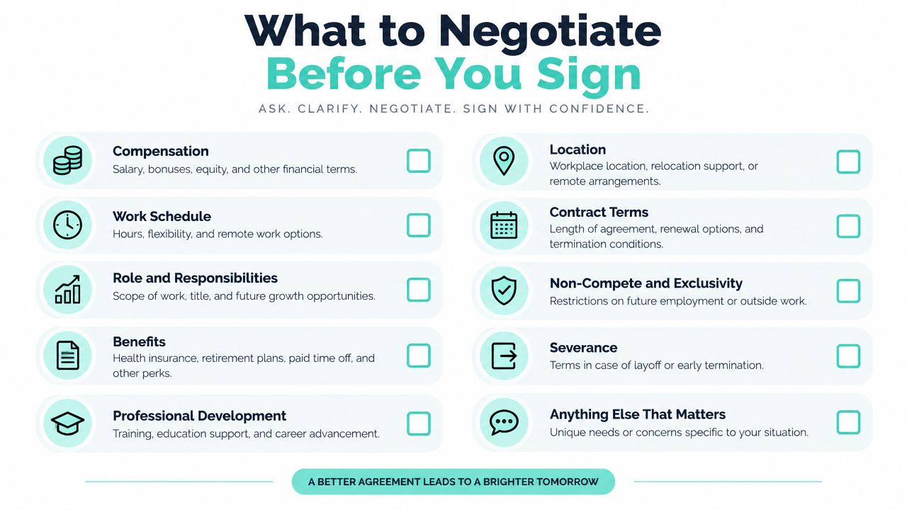 A checklist infographic titled What to Negotiate Before You Sign outlining key terms in an employment contract.