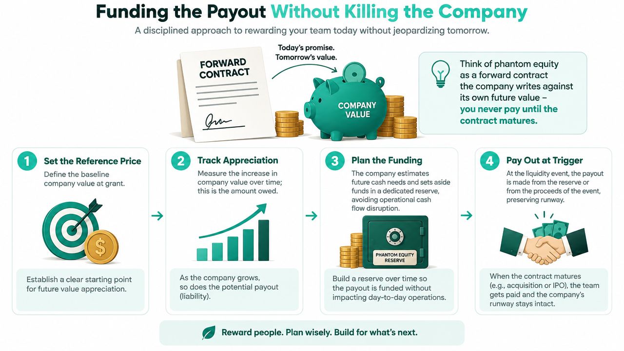 An infographic showing the four-step process for managing phantom equity to reward employees while protecting company value.