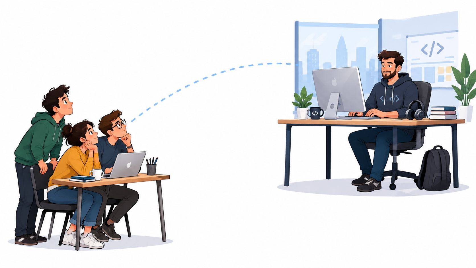 A student observing a professional software developer working on a remote coding project via a digital connection.