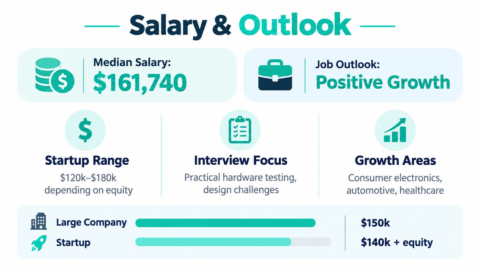 An infographic showing the median salary, job outlook, and interview focus for hardware engineer career roles.