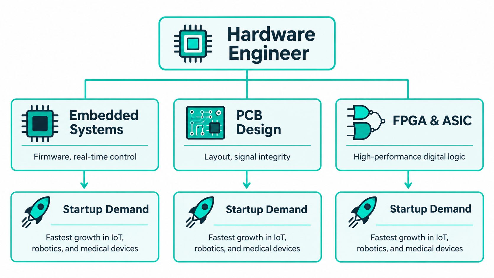 An organizational chart showing the career paths and startup demand for hardware engineers in embedded systems, PCB design, and FPGA.