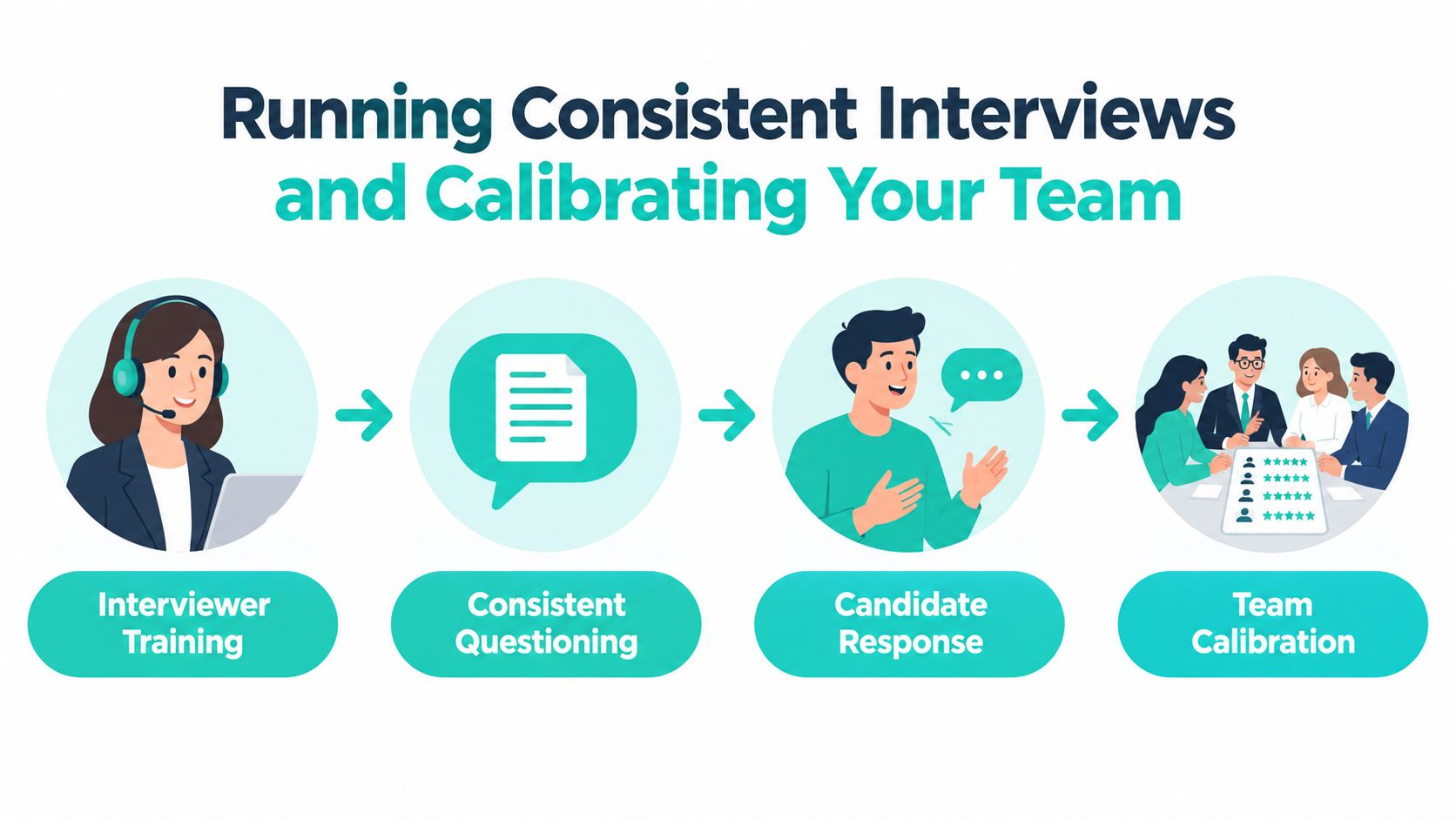 A four-step graphic showing the process for running consistent interviews and calibrating a recruitment team.