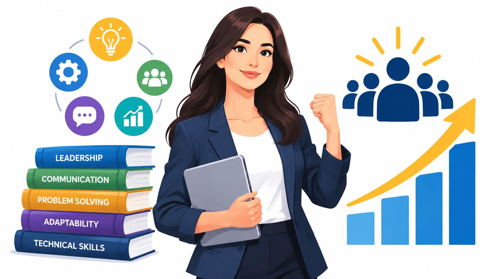 A professional woman holding a tablet, next to skill-building books and a business growth chart.
