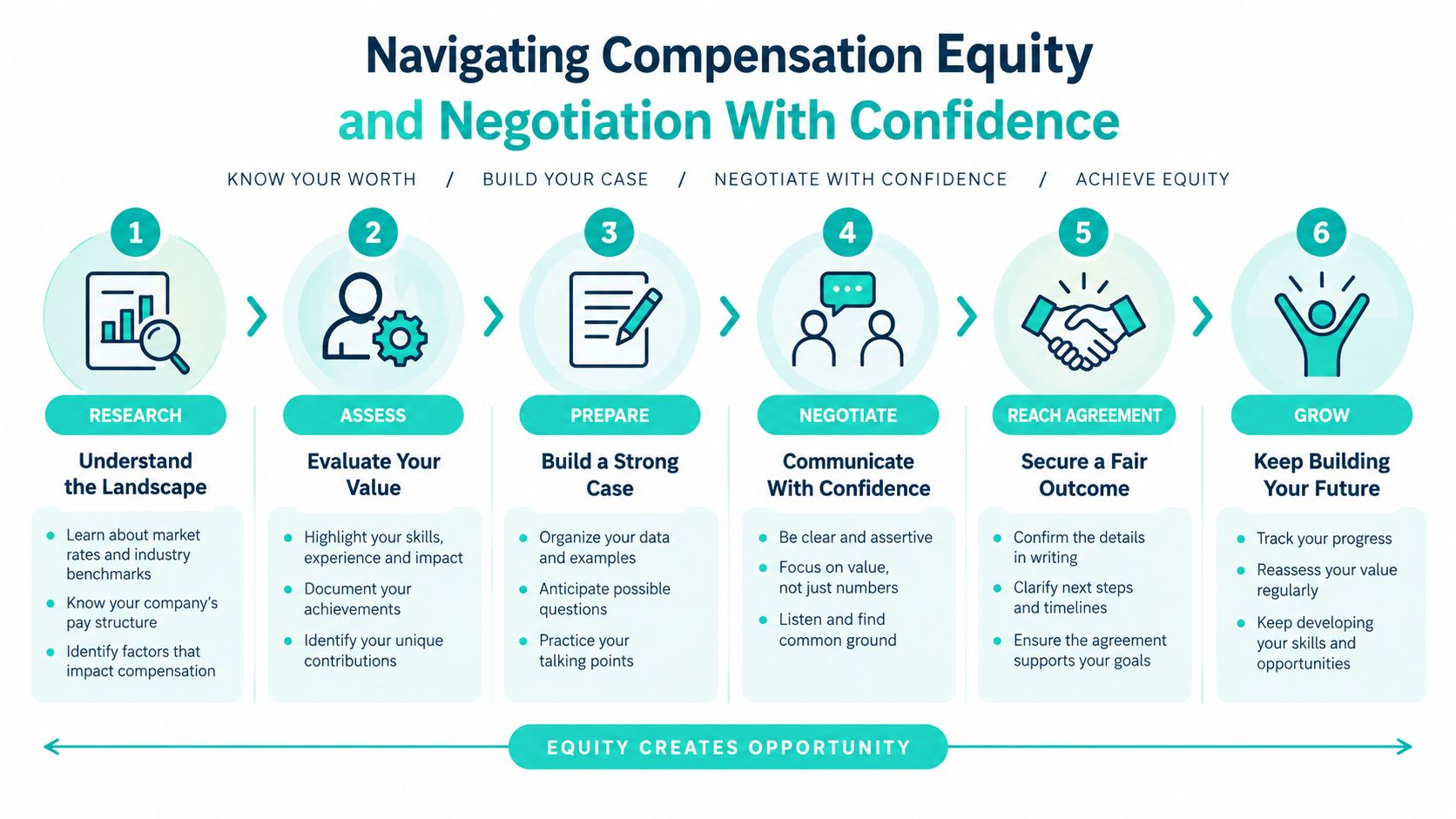 A six-step infographic guide titled Navigating Compensation Equity and Negotiation With Confidence for career development.