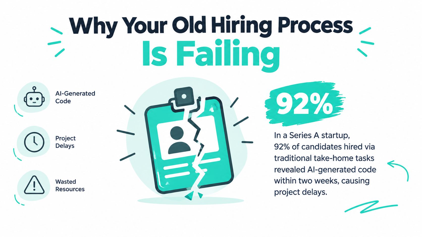 An infographic highlighting how traditional hiring processes fail when candidates submit AI-generated code, causing significant project delays.