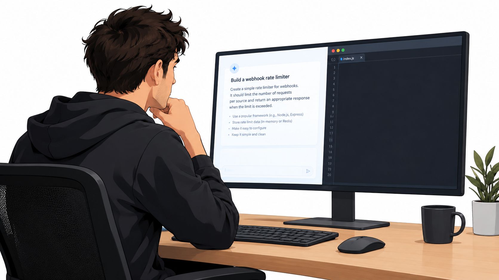 A young man sitting at a desk and looking at a computer screen showing coding instructions.