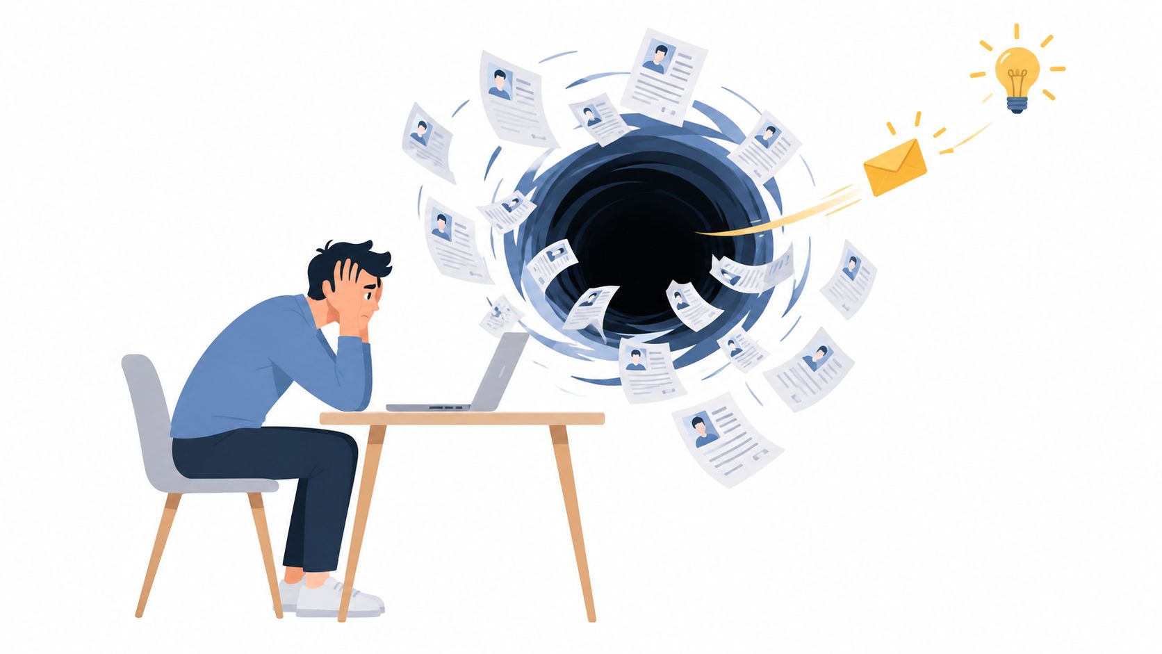 A stressed man at a laptop feeling overwhelmed by an endless vortex of resumes being processed.