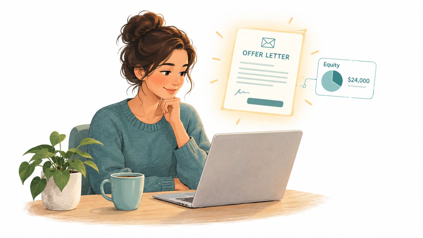 A young woman smiling while looking at a job offer letter with equity options on her laptop screen.