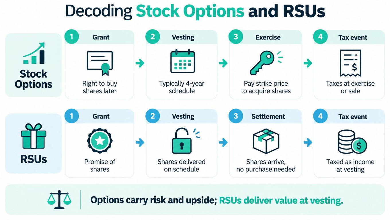 A diagram comparing the processes of Stock Options and Restricted Stock Units (RSUs) across four distinct stages.