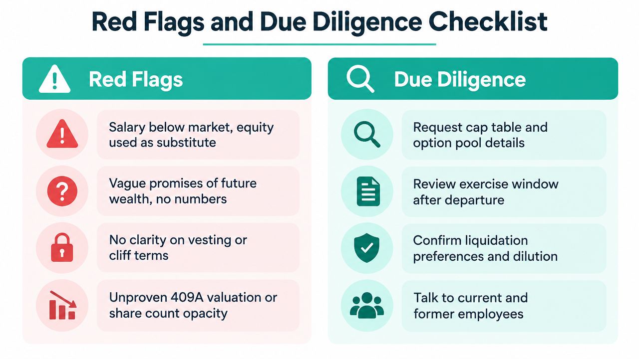 A red flags and due diligence checklist for evaluating startup equity compensation and job offers.