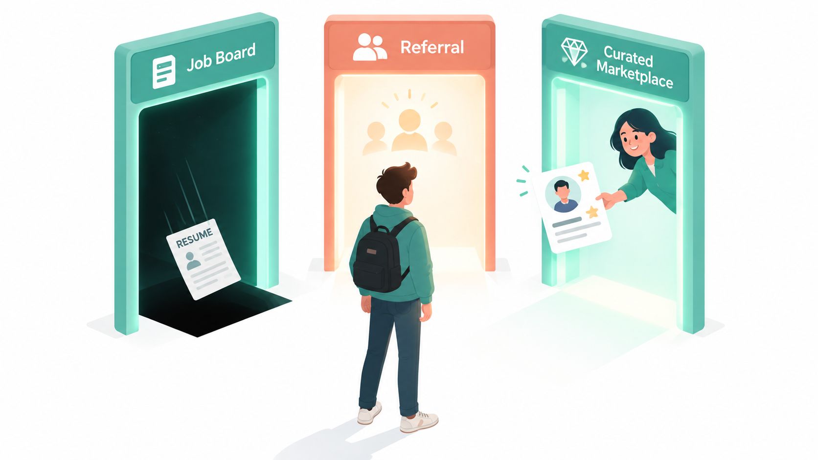 A young job seeker standing between three career paths: job board, referral, and a curated marketplace.