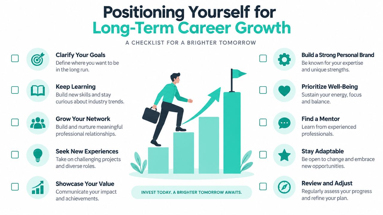 A career growth checklist infographic for professionals aiming for long-term development and success in their careers.