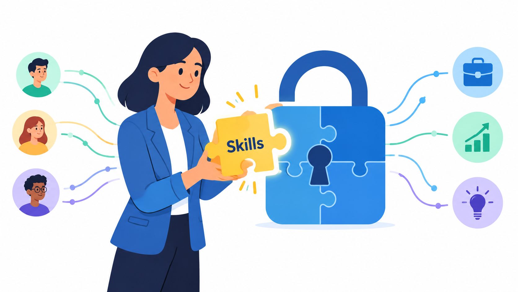 A professional woman connecting a puzzle piece labeled Skills to a large lock, illustrating career growth and matching.