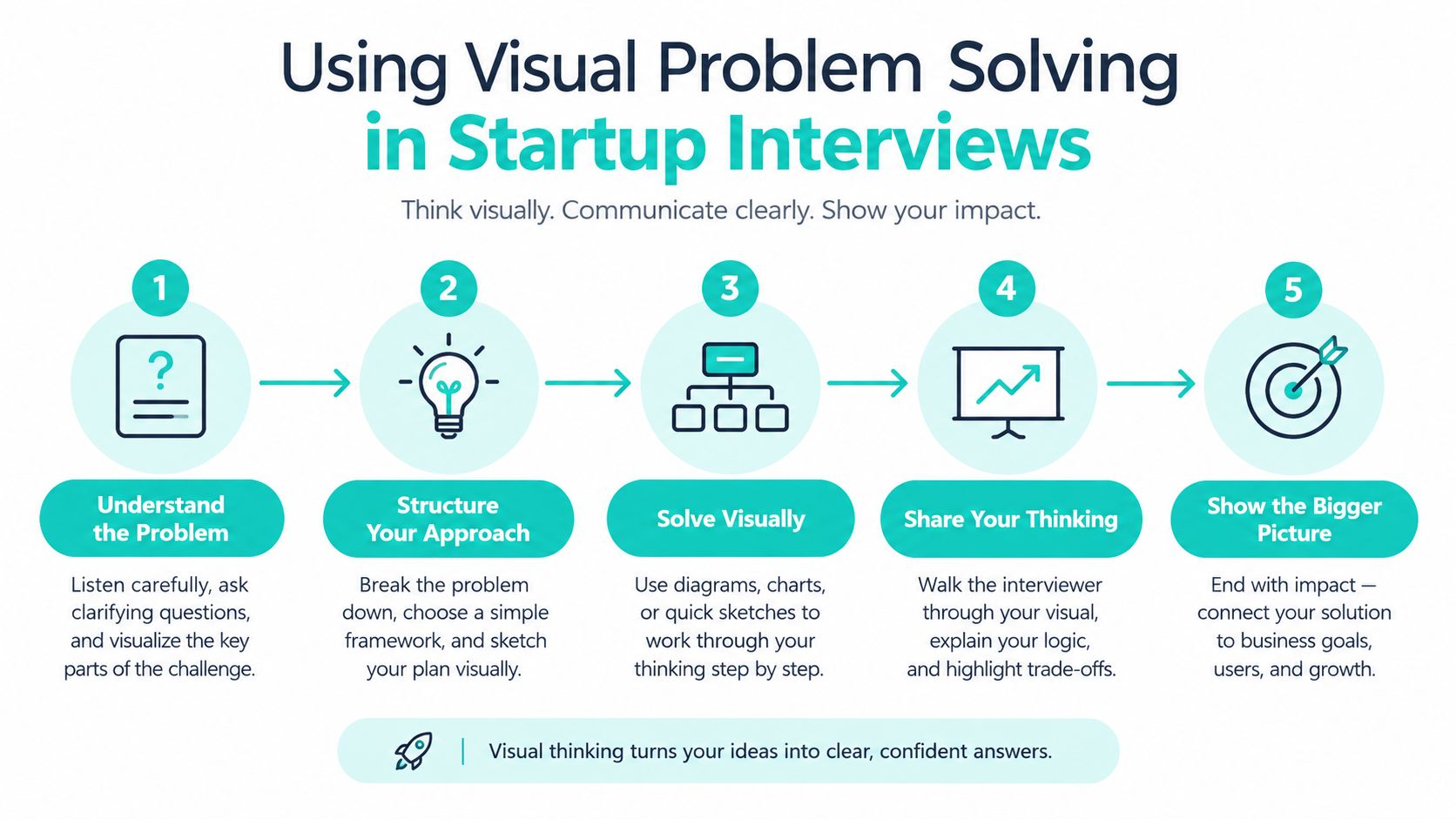 A five-step infographic showing how to use visual problem solving techniques during startup job interviews.