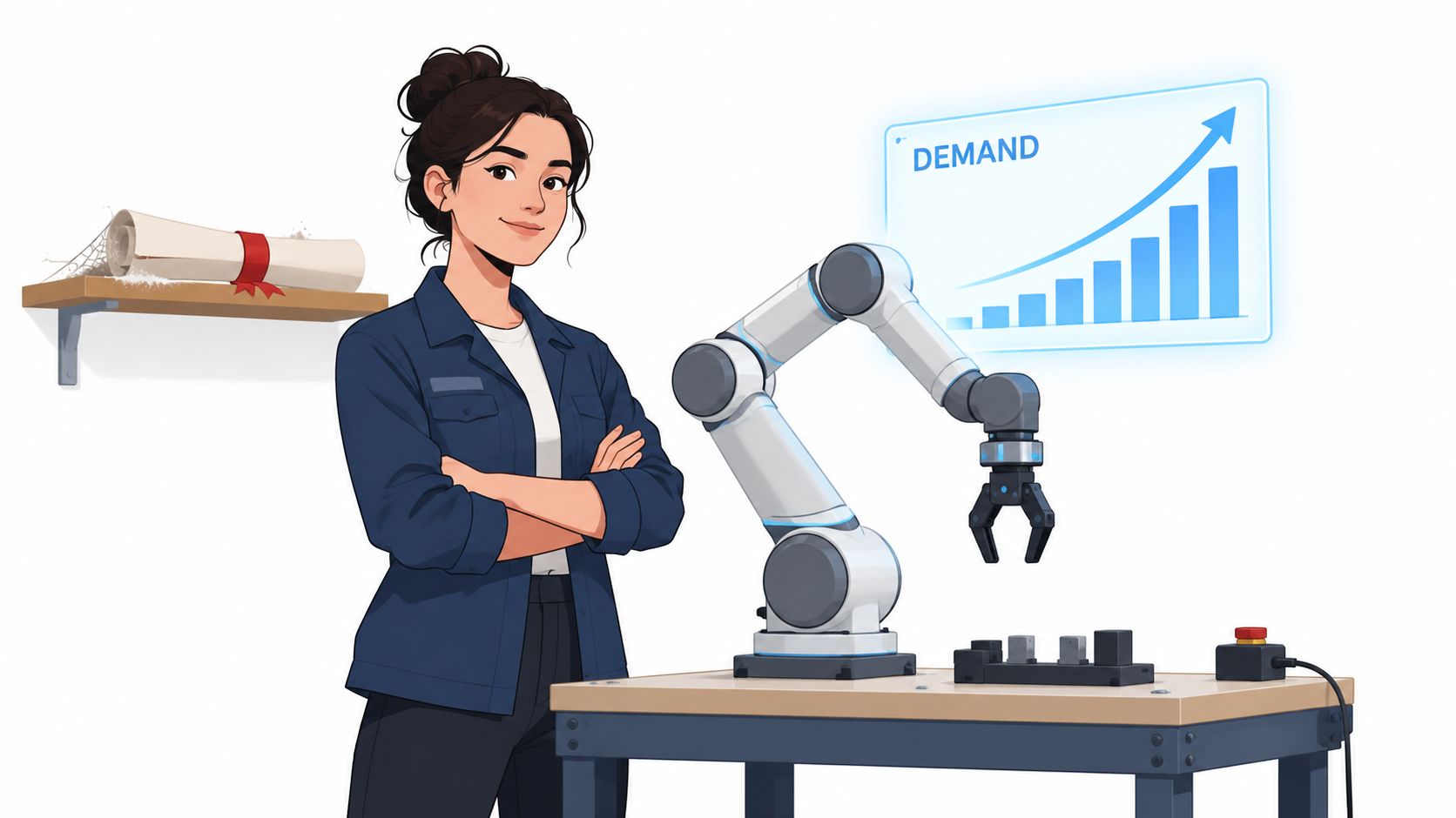 A female robotics engineer standing confidently next to an automated robotic arm with a rising demand chart.