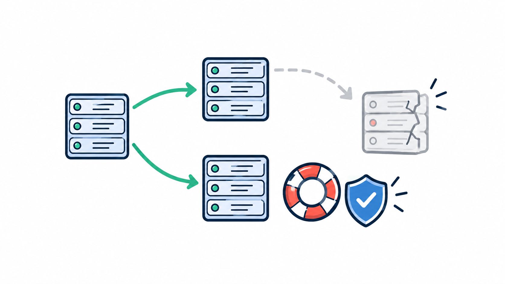 A diagram illustrating system redundancy, showing one server failing while others remain protected and operational.