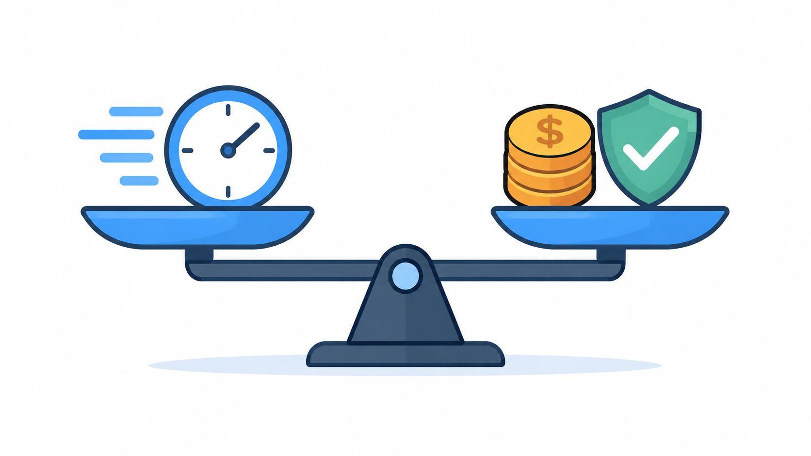 A digital illustration showing a balance scale weighing time against money and security, symbolizing trade-offs.