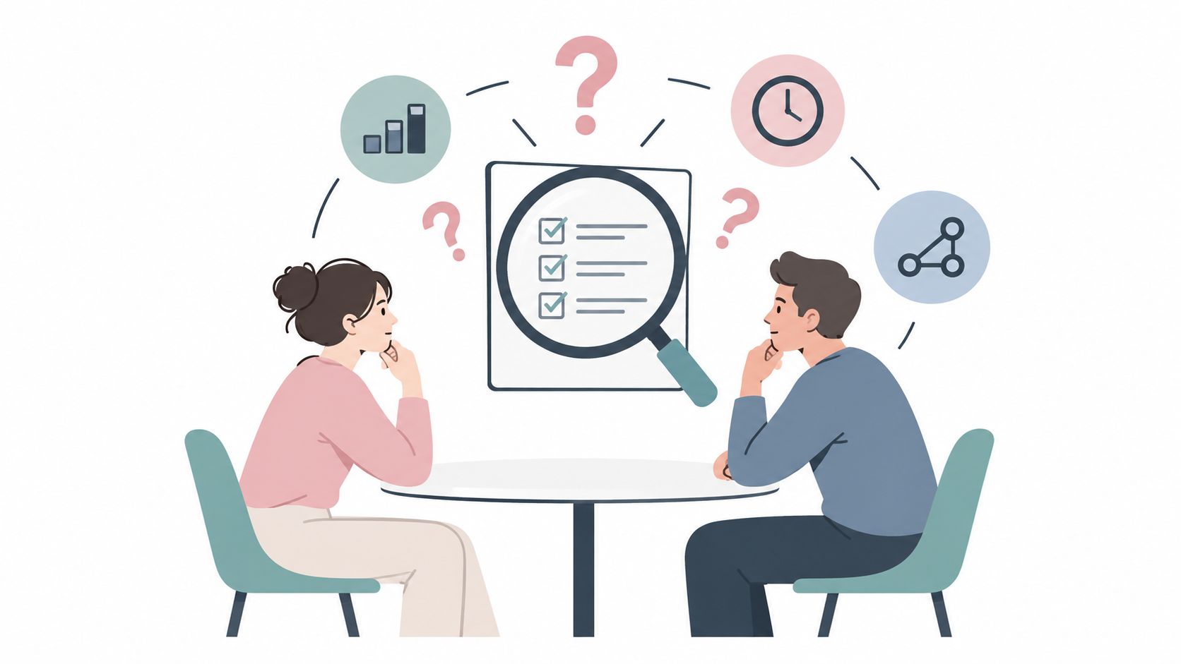 A man and a woman sitting at a table discussing complex system design concepts with icons