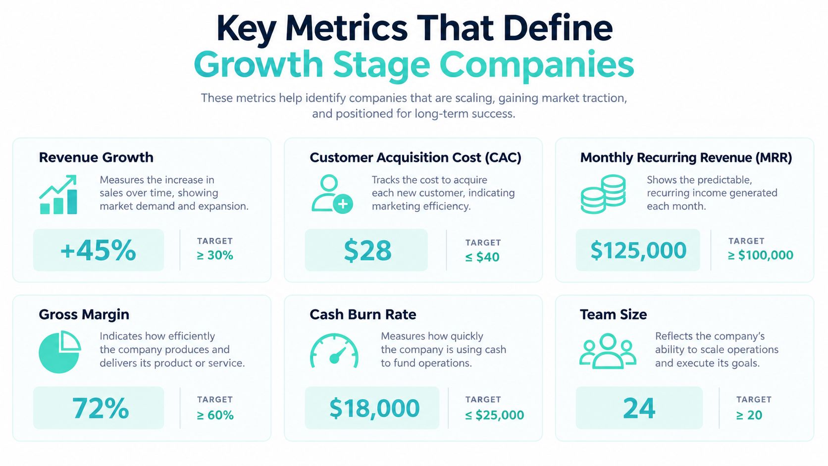 An infographic titled Key Metrics That Define Growth Stage Companies showing target values for business performance indicators.