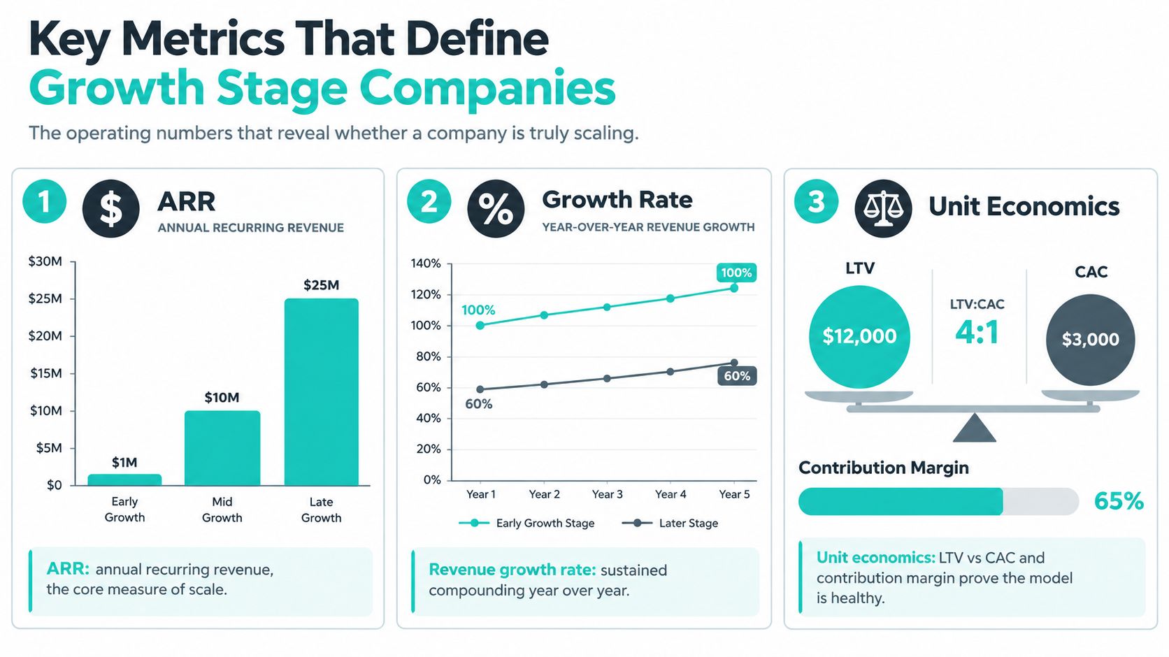 An infographic detailing key growth stage company metrics including ARR, year-over-year growth rates, and unit economics.