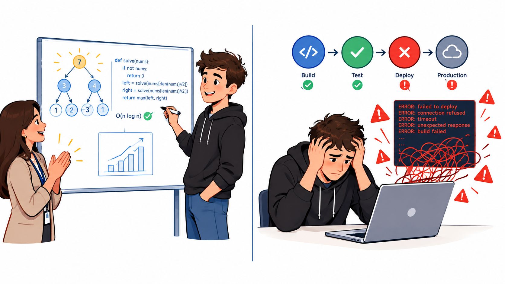 A split image contrasting a successful software coding interview with a stressful failed deployment process.