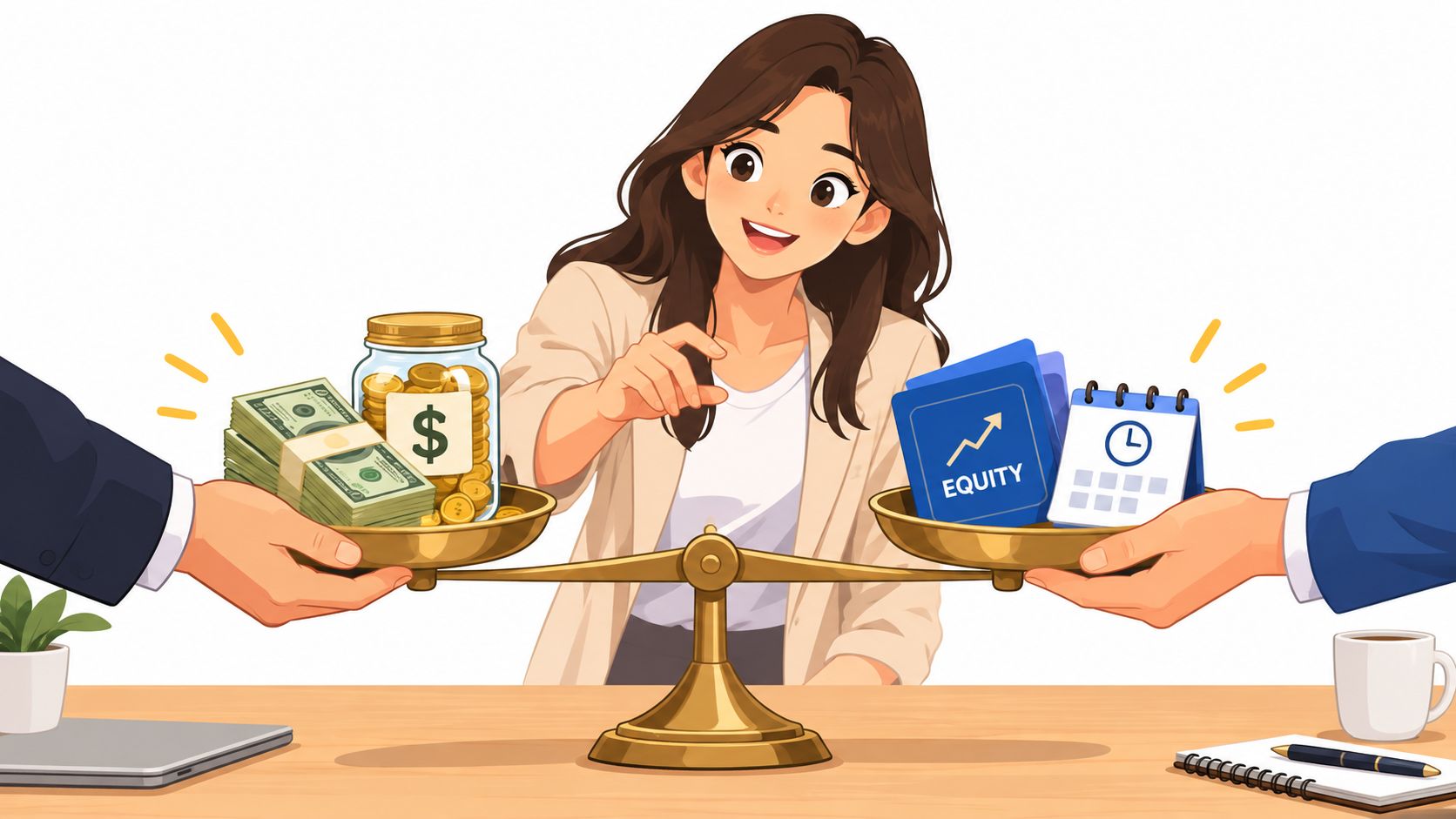A woman balancing cash and a jar of coins against equity and a calendar on scales.