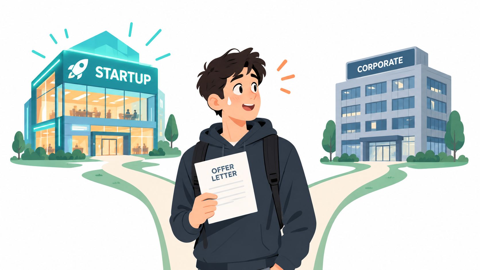 A young person standing at a fork in the road holding an offer letter between startup and corporate offices.