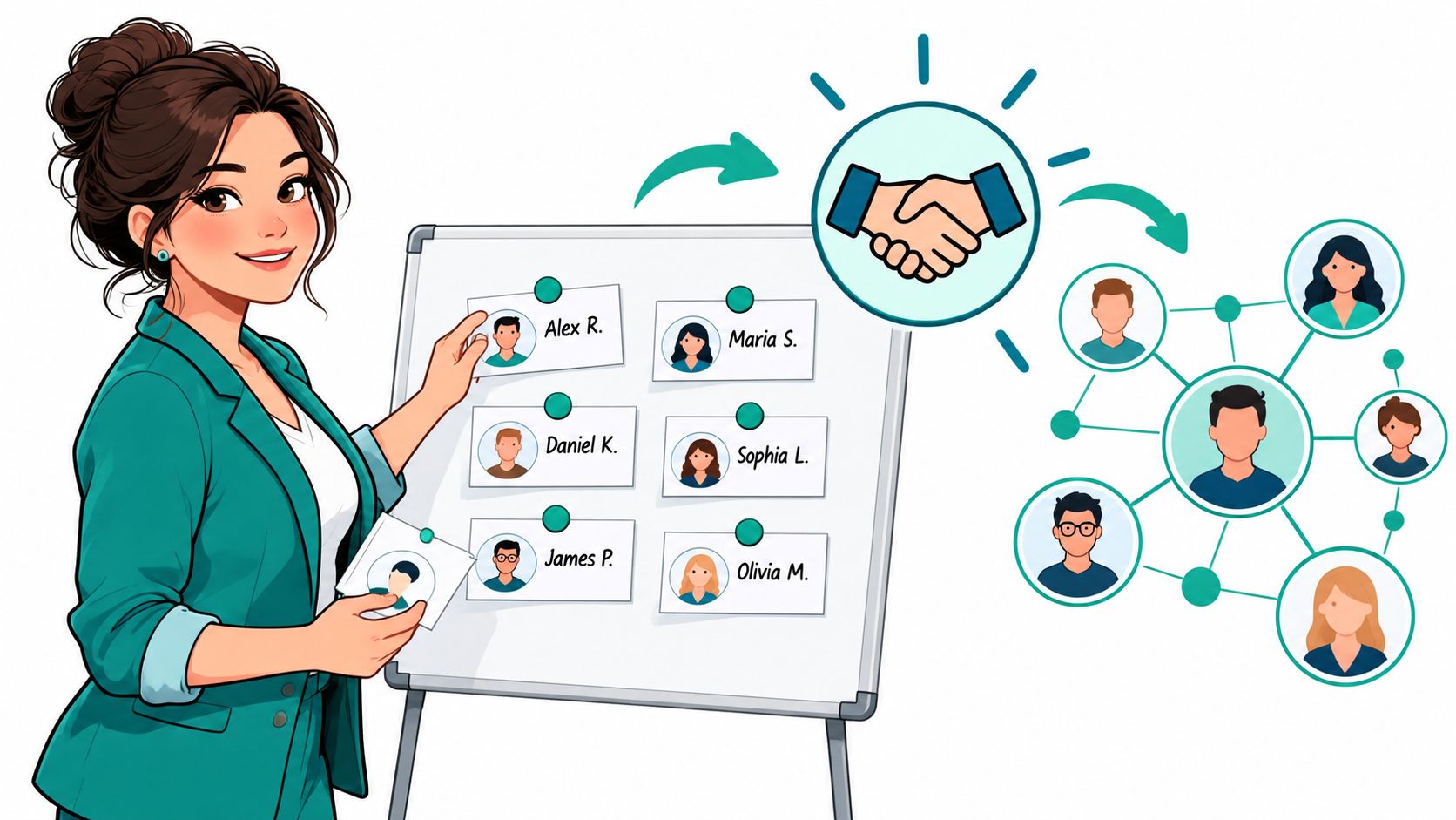 A professional woman presenting organizational chart cards of team members near a network diagram of connections.