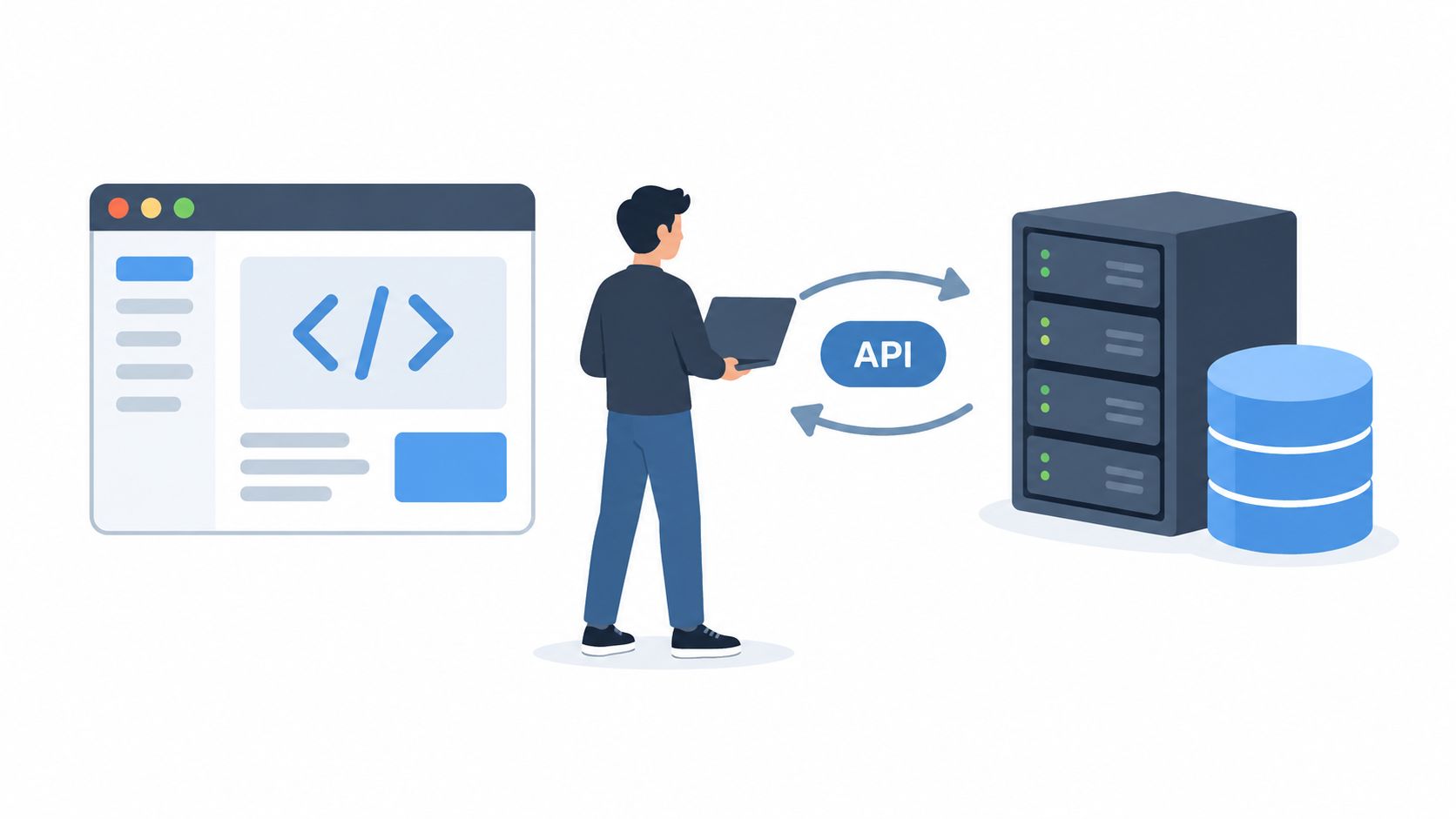 A developer using a laptop to interact with a server through an API represented as a flat illustration.