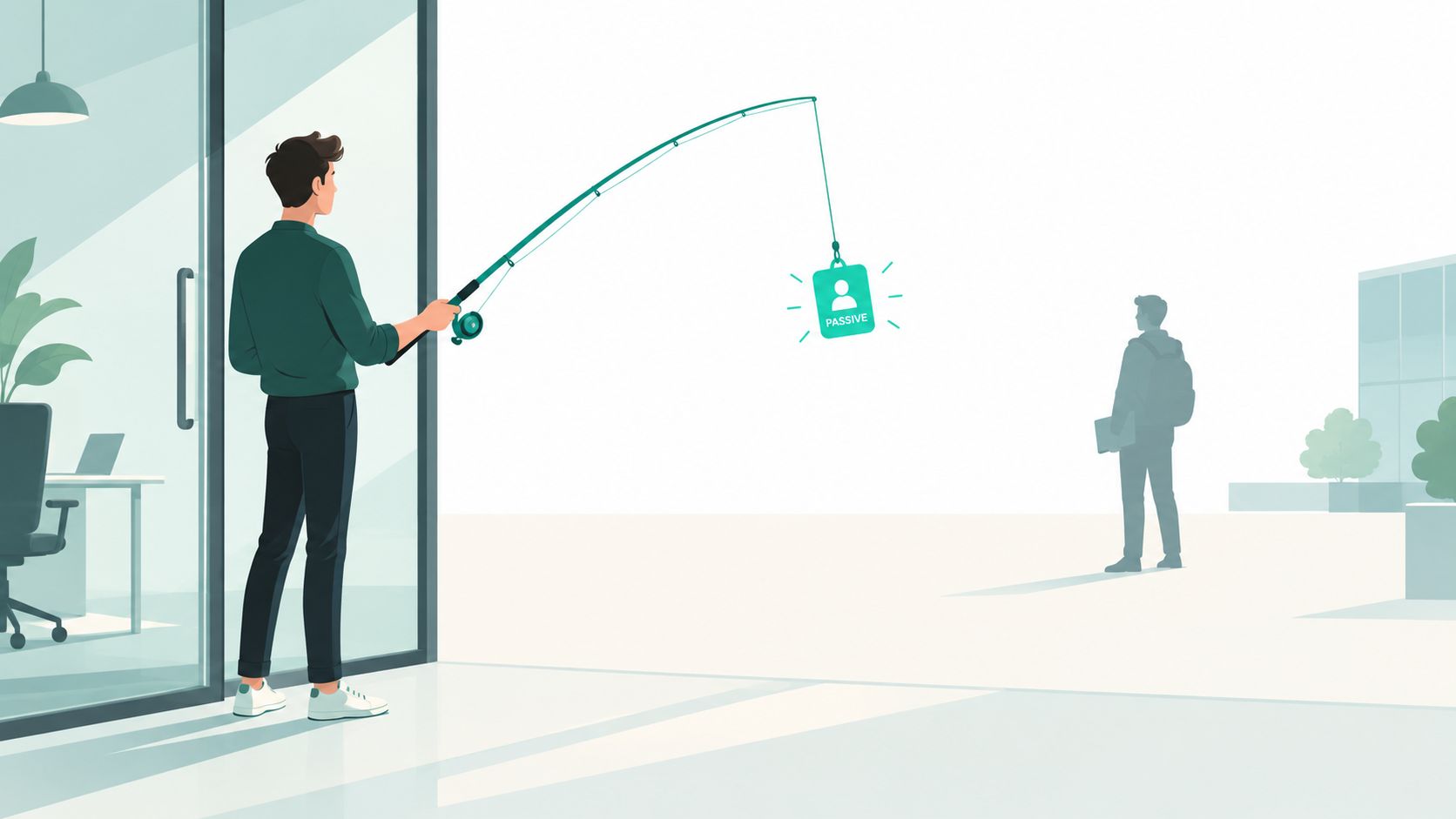 A professional recruiter using a fishing rod to reach out and catch a passive candidate.
