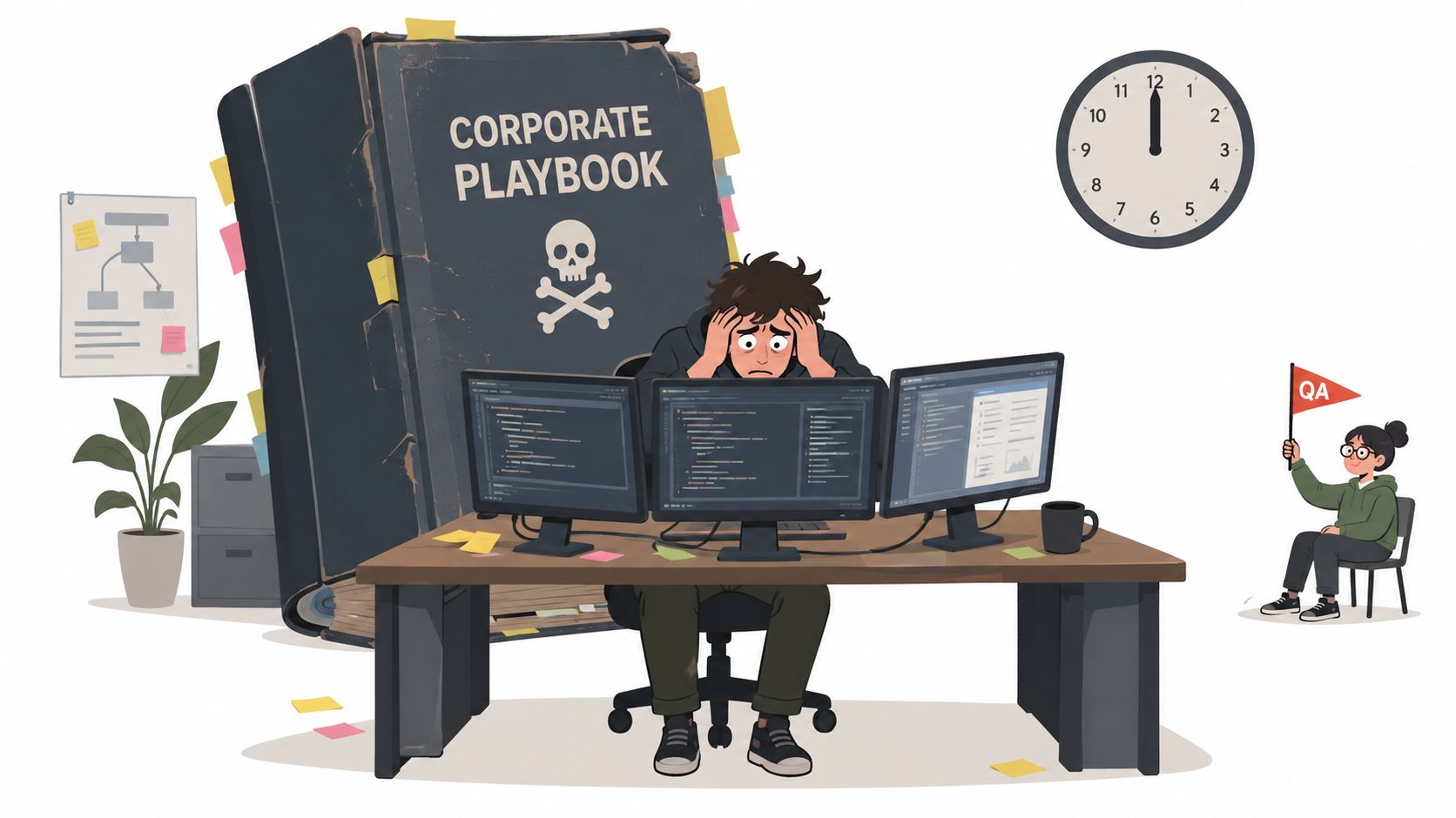 A stressed programmer works at a desk with three monitors under the weight of a massive corporate playbook.