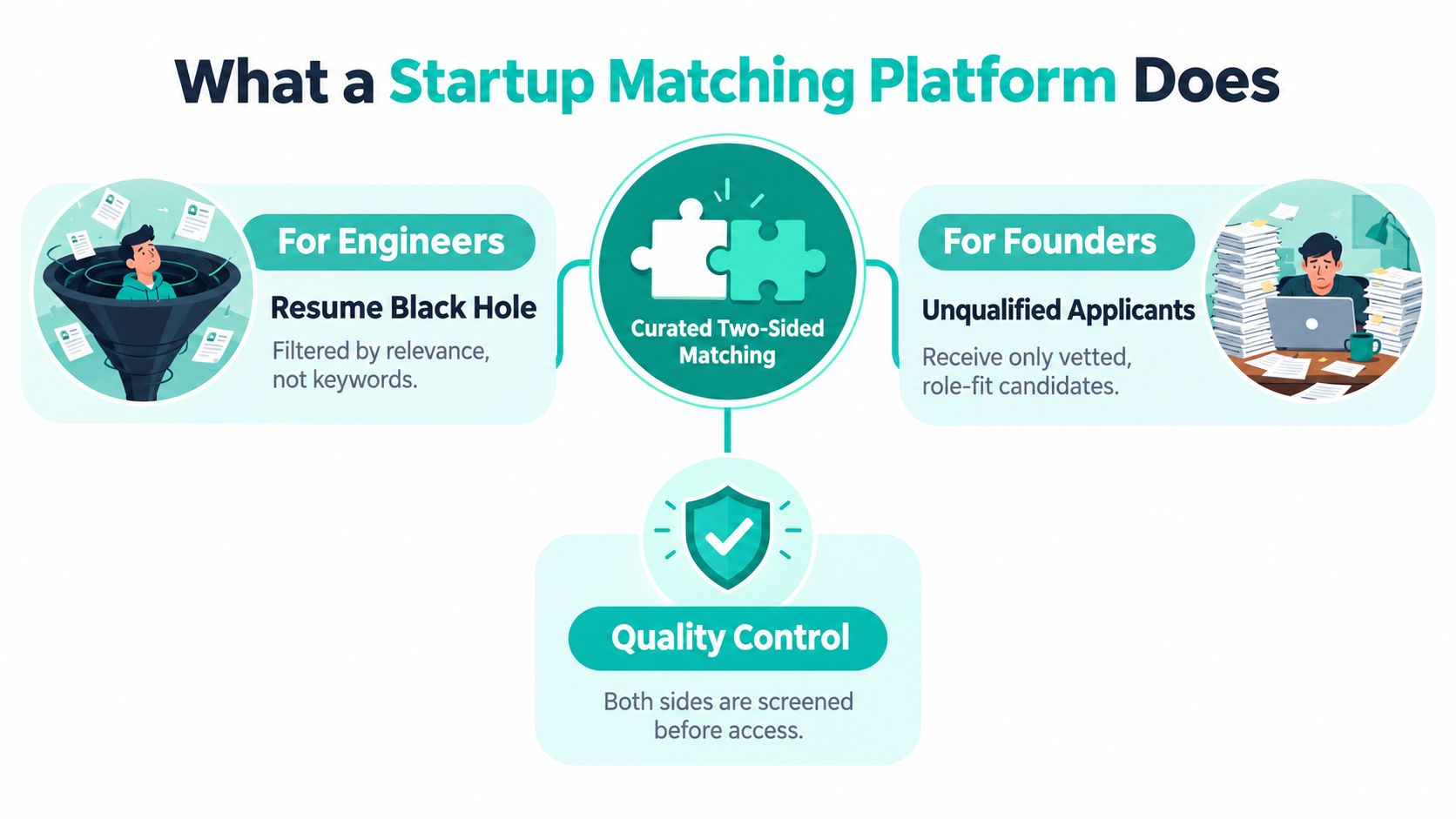 A diagram illustrating how a startup matching platform helps engineers and founders find relevant, vetted connections.