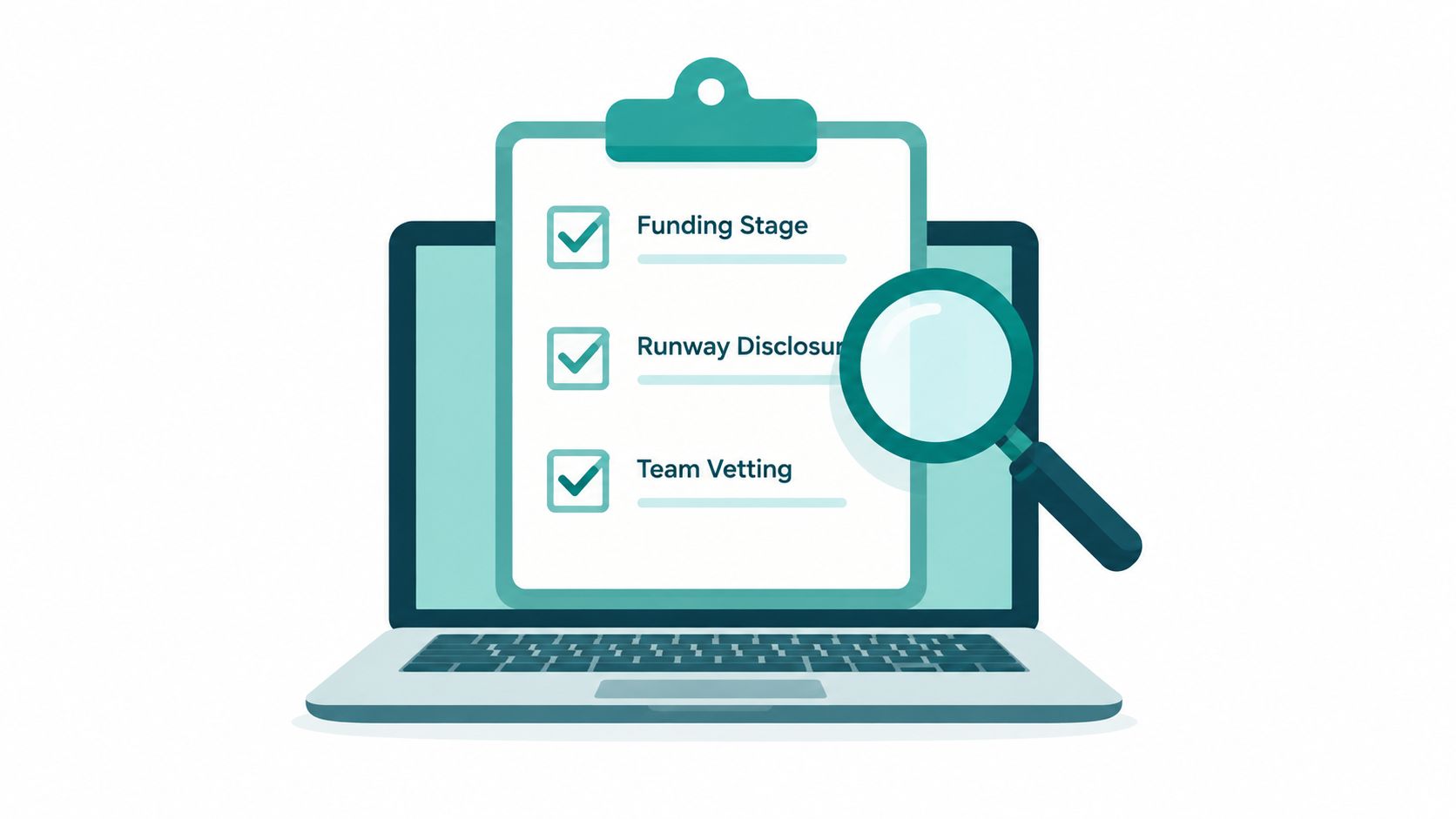 A digital illustration showing a clipboard with a checklist on a laptop screen with a magnifying glass.