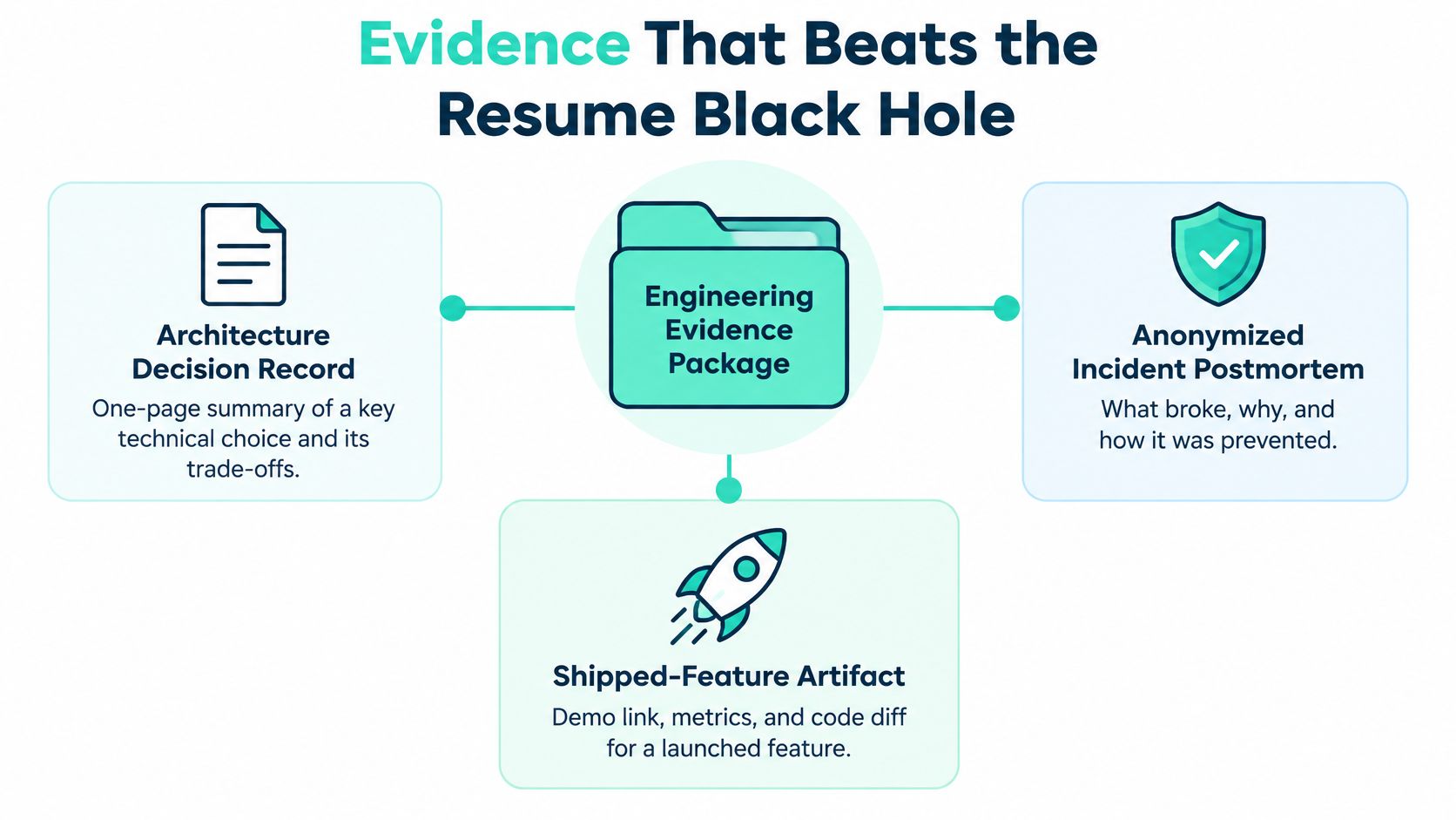 A diagram outlining an Engineering Evidence Package with three key components to help software engineers stand out.