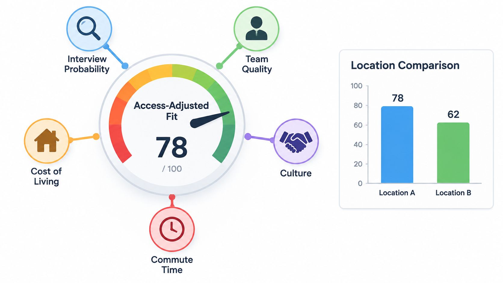 A dashboard visualizing access-adjusted job fit scores for career planning, including a gauge chart and bar graph.